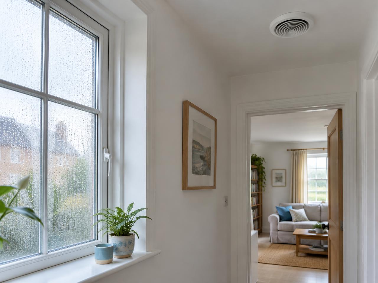 Bright hallway with condensation on a window and a ceiling ventilation diffuser